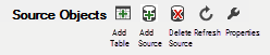 Source Objects panel button toolbar. Part of the ETL page.